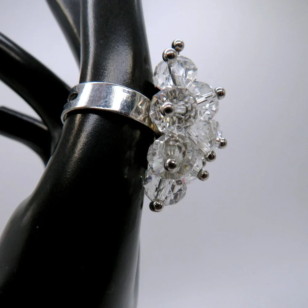 Vintage Style Clear Crystal Bead Cluster Cocktail Ring Silver Tone Size 6 Adj